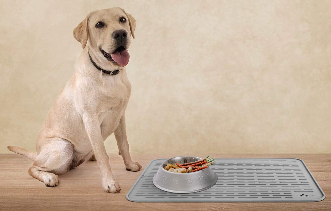 Extra Large 23X17 Premium Grade Silicone Dog & Cat Indoor or Outdoor Food Mat for Pets and Animals None Slip Food Tray Placemat for All Floors, Washable, Food Grade, (Grey)