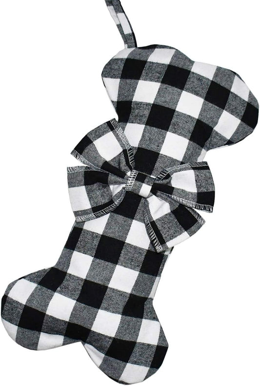 Pet Dog Christmas Stockings Classic Buffalo Black White Plaid Large Bone Shape Hanging Christmas Stocking for Dogs Pets