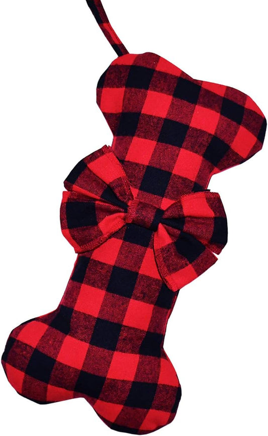 Pet Dog Christmas Stockings Classic Buffalo Red Black Plaid Large Bone Shape Hanging Christmas Stocking for Dogs Pets